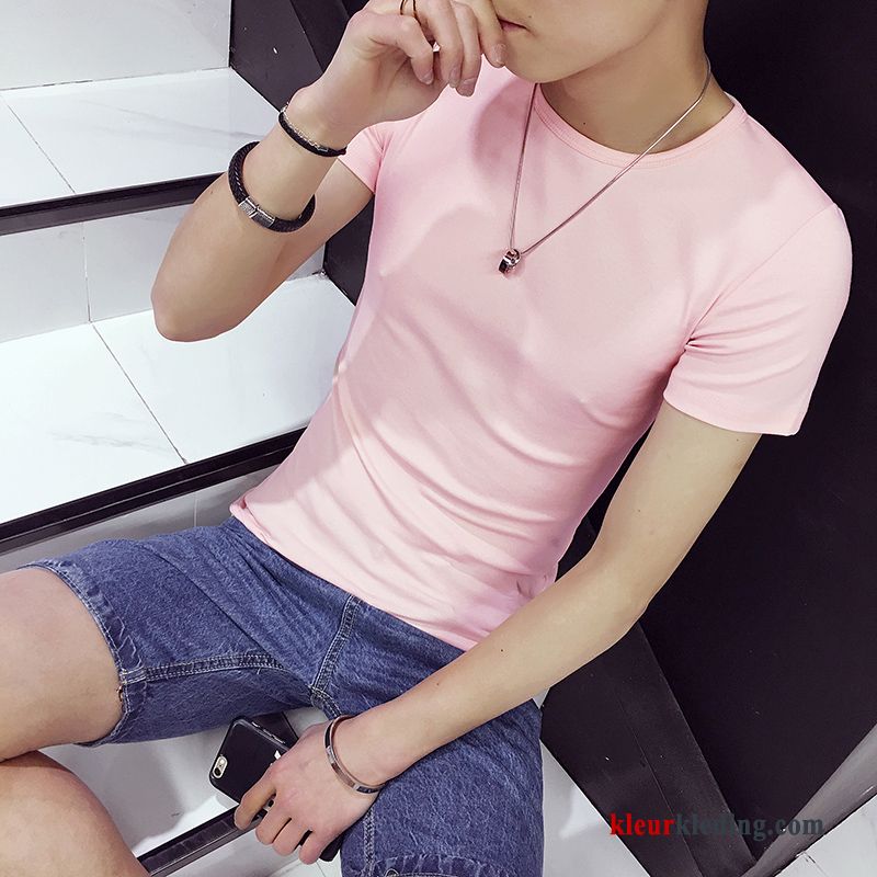 Heren Casual Slim Fit T-shirts Ronde Hals Skinny Effen Kleur Roze Zomer